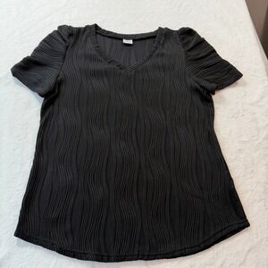 Xieerduo Pleated V-Neck Blouse Womens Large Black Good Puff Sleeve Textured Top